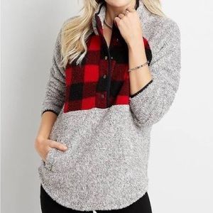 Cozy Gray + Buffalo Plaid Sherpa Pullover (M)